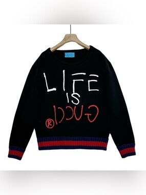 🚩steal Gucci Black Sweatshirt with Light Blue Ribbed Trim